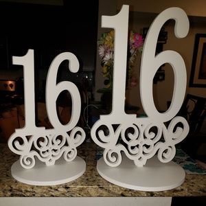 White PVC stand alone #16 caketopper centerpiece
